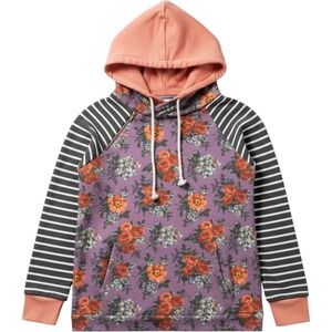 Ampersand Avenue Floral Striped Mixed Media Hoodie Purple Pink XL Womens